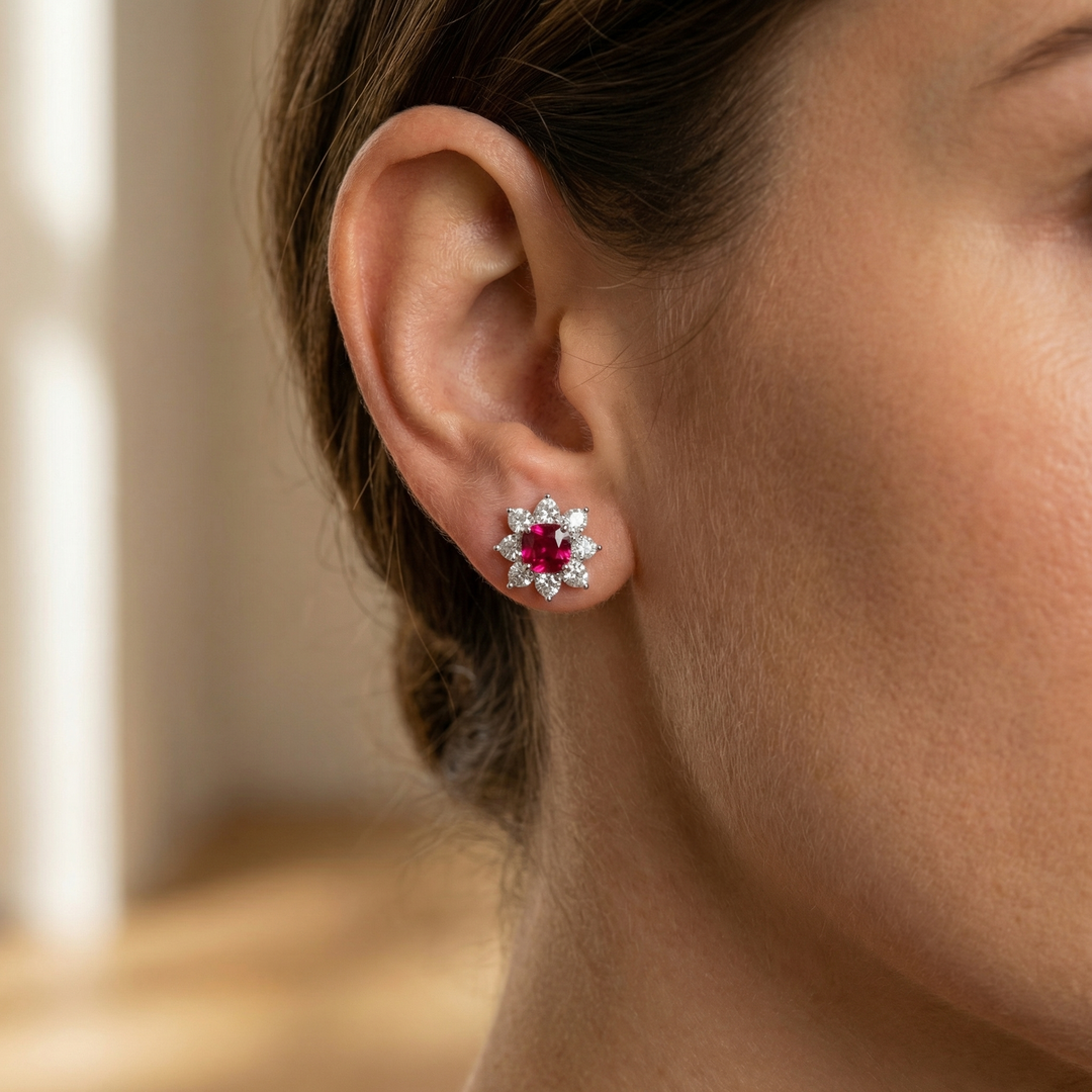 Platinum lab-grown ruby and diamond floral stud earrings — M Grace Jewelry