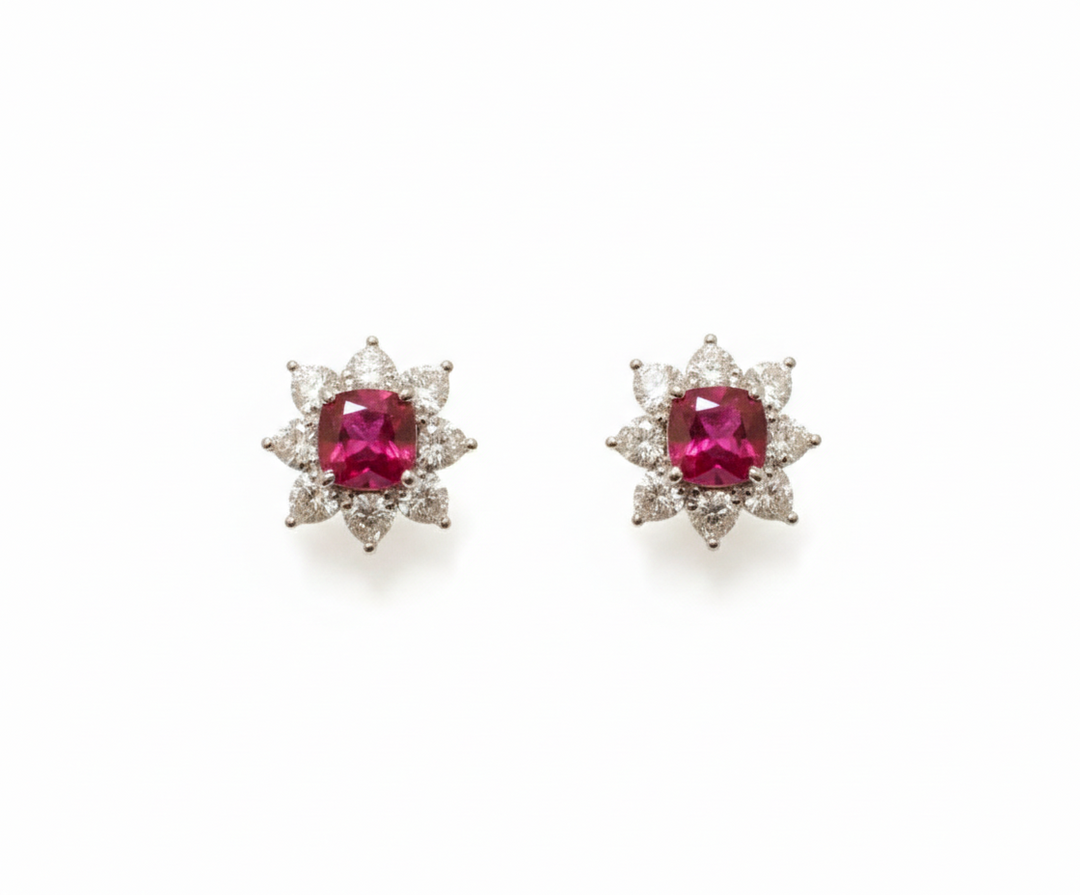 Platinum lab-grown ruby and diamond floral stud earrings — M Grace Jewelry