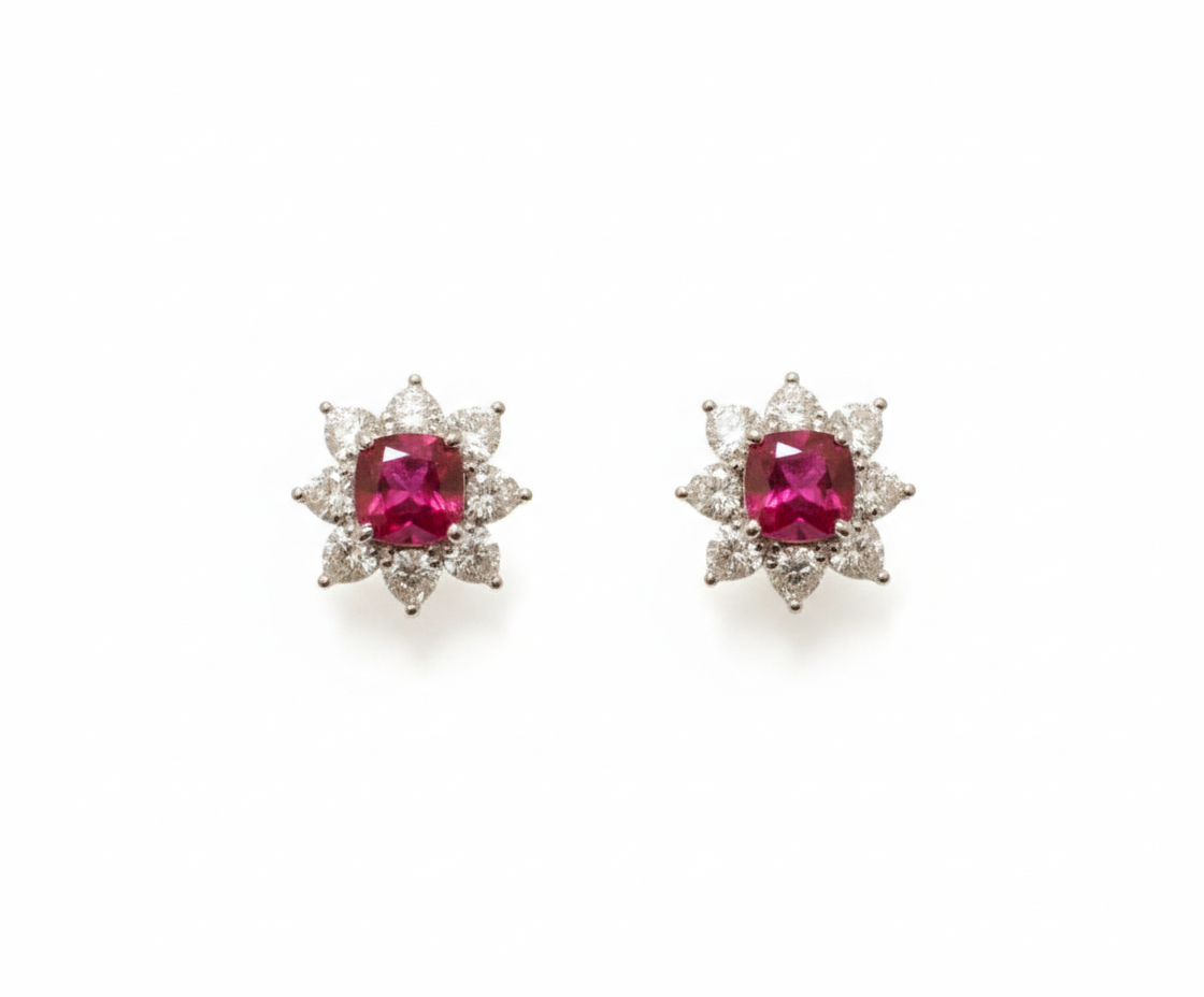 Platinum lab-grown ruby and diamond floral stud earrings — M Grace Jewelry