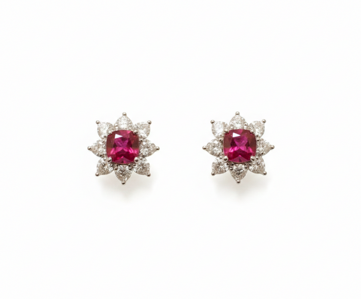 Platinum lab-grown ruby and diamond floral stud earrings — M Grace Jewelry