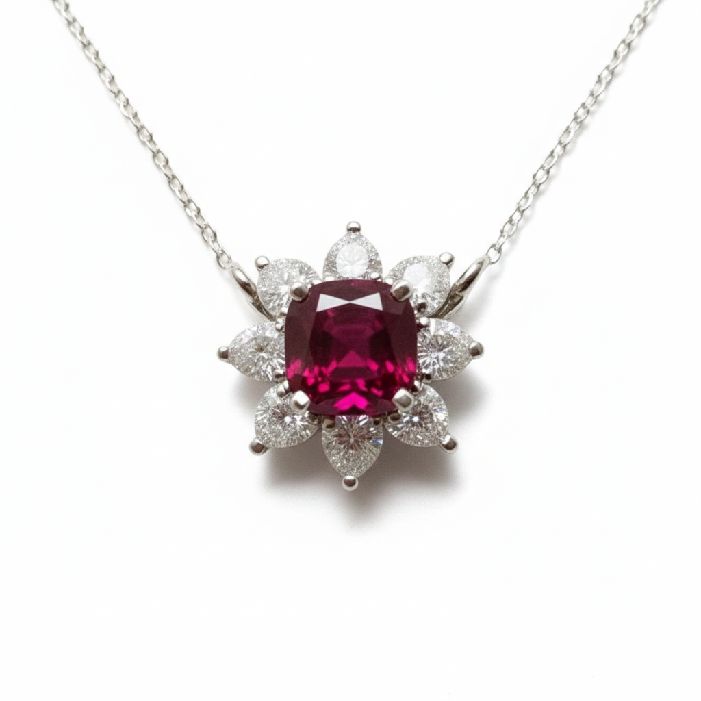 Platinum lab ruby and diamond floral pendant necklace — M Grace Jewelry