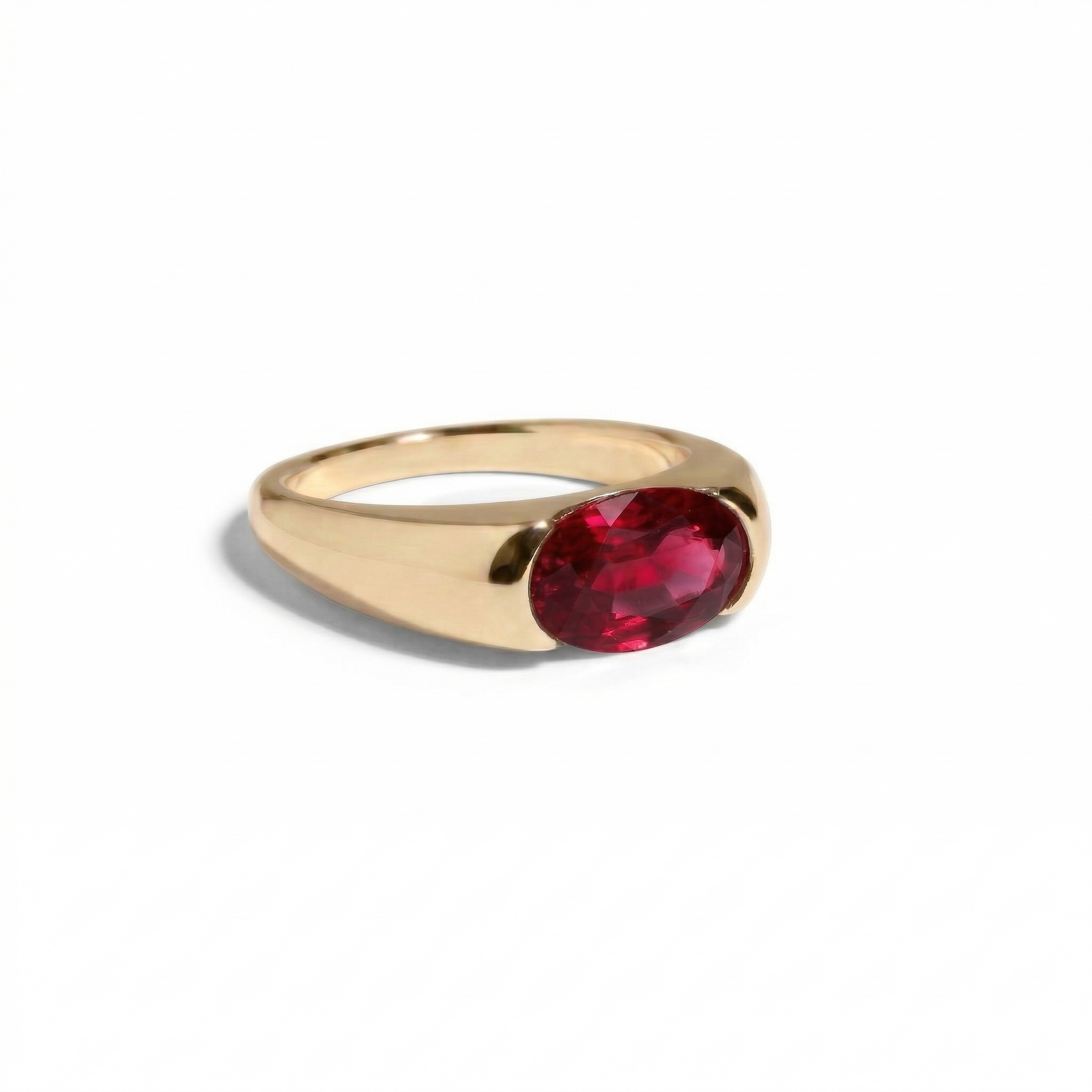 Lab-grown oval ruby sculptural ring in yellow gold — M Grace Jewelry
