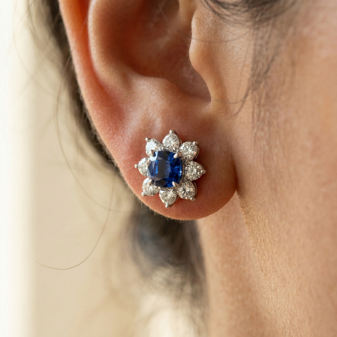 Platinum lab sapphire and heart diamond floral stud earrings — M Grace Jewelry