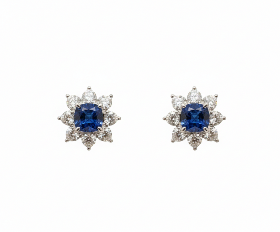 Platinum lab sapphire and heart diamond floral stud earrings — M Grace Jewelry
