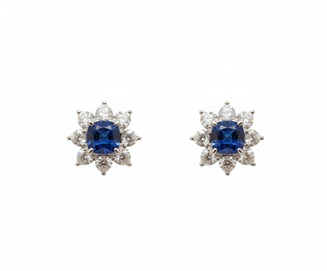 Platinum lab sapphire and heart diamond floral stud earrings — M Grace Jewelry