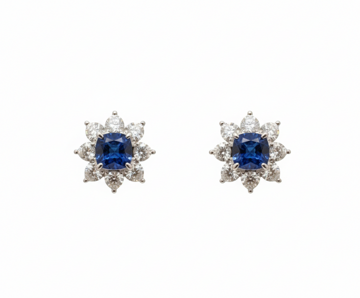 Platinum lab sapphire and heart diamond floral stud earrings — M Grace Jewelry