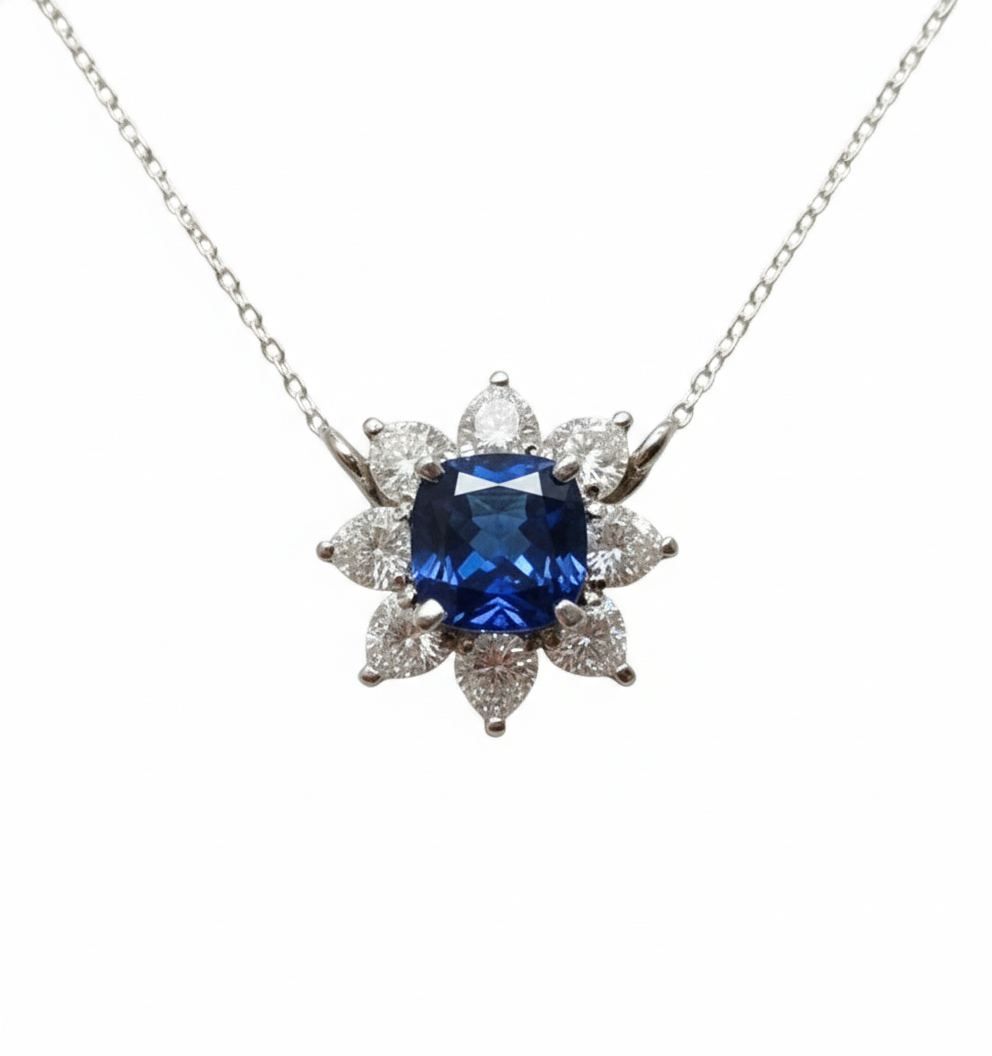 Platinum sapphire floral pendant necklace with heart diamonds — M Grace Jewelry