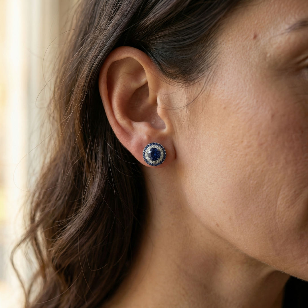 Platinum double-halo sapphire and diamond stud earrings by M Grace Jewelry