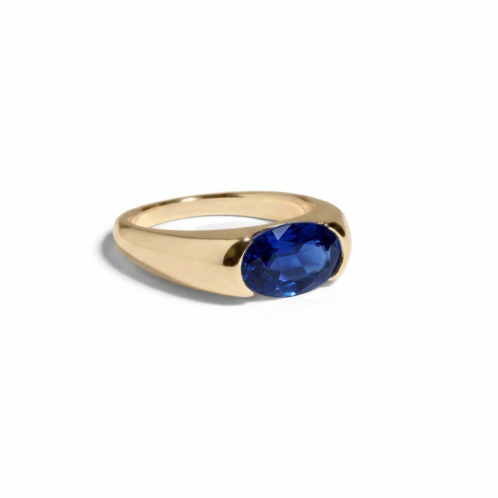 Lab-grown sapphire orbit ring in yellow gold — M Grace Jewelry