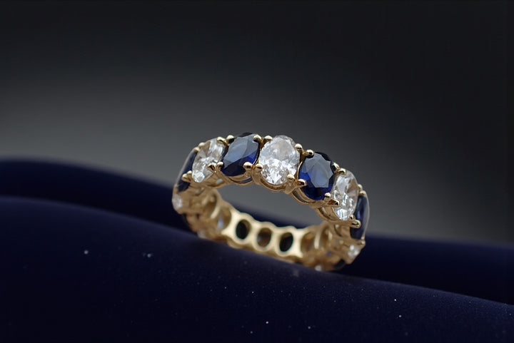 18K Yellow Gold Oval Sapphire Diamond Eternity Ring — M Grace Jewelry