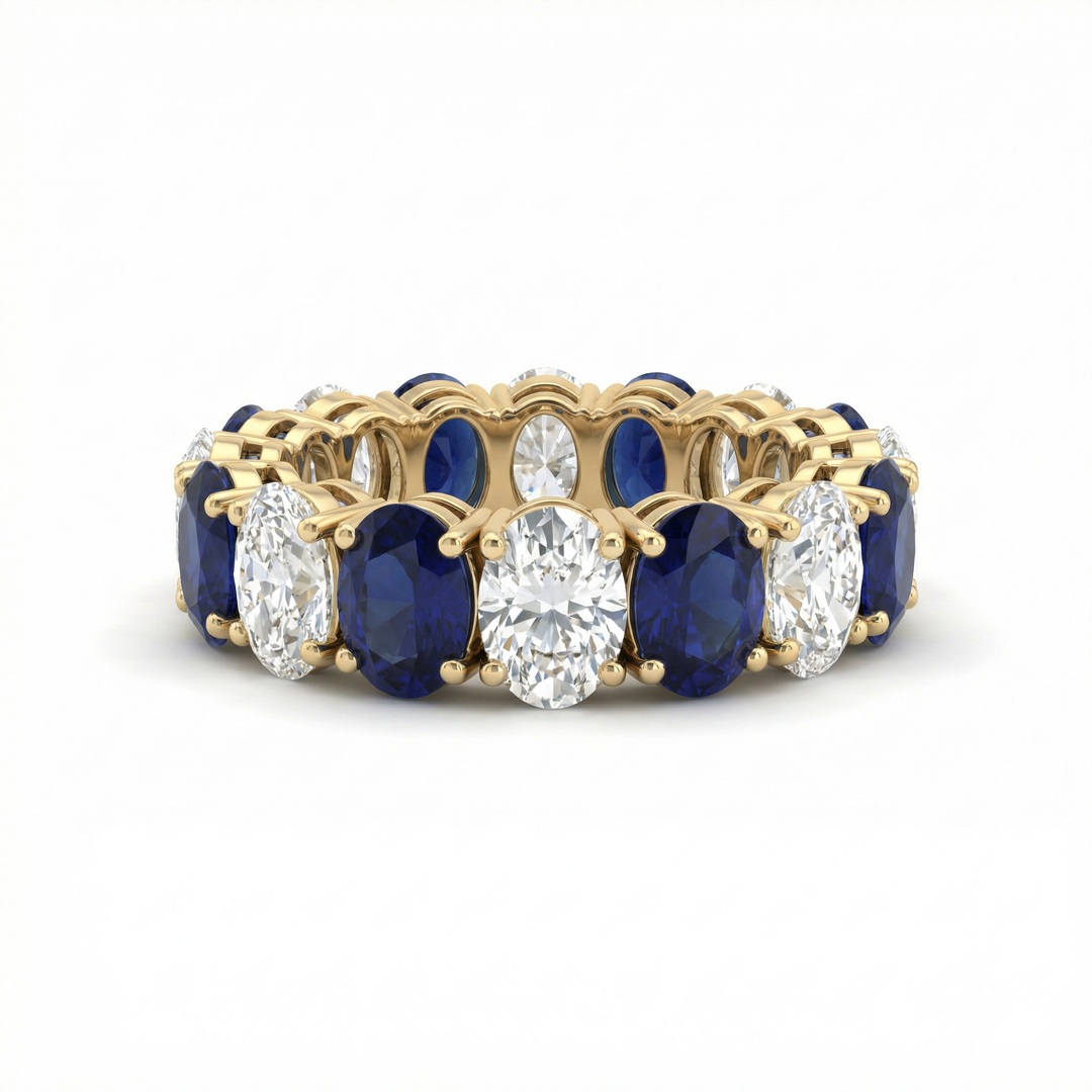 18K Yellow Gold Oval Sapphire Diamond Eternity Ring — M Grace Jewelry