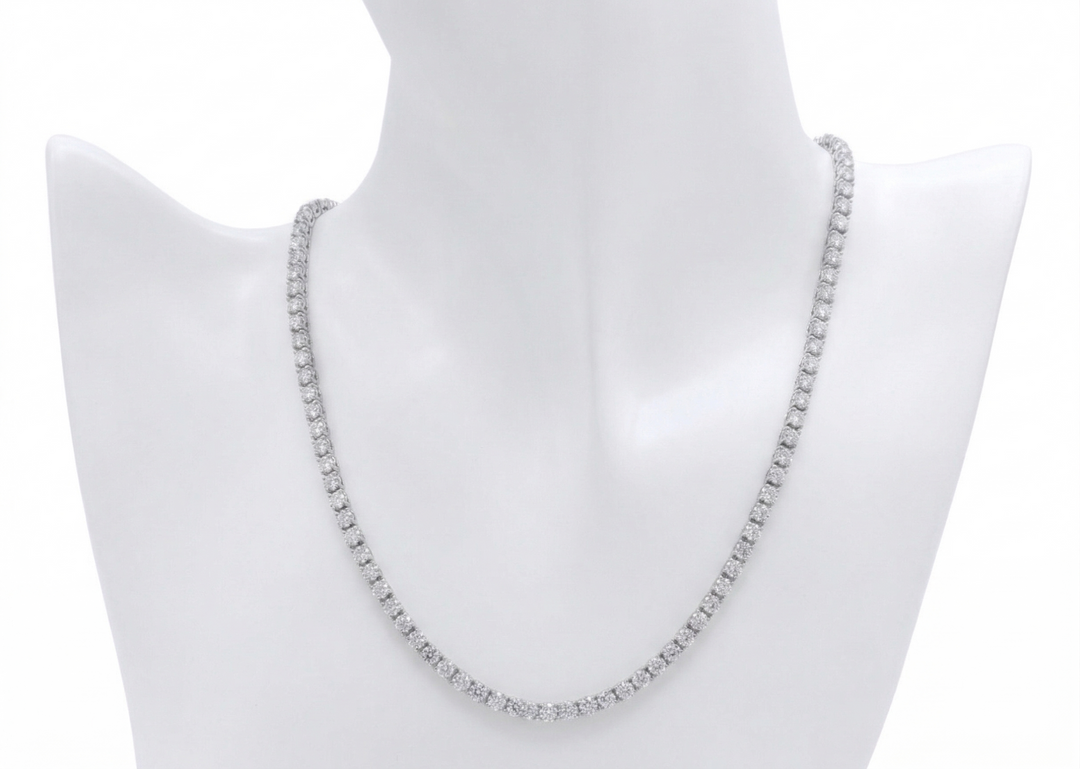 Round brilliant diamond tennis necklace in platinum — M Grace Jewelry