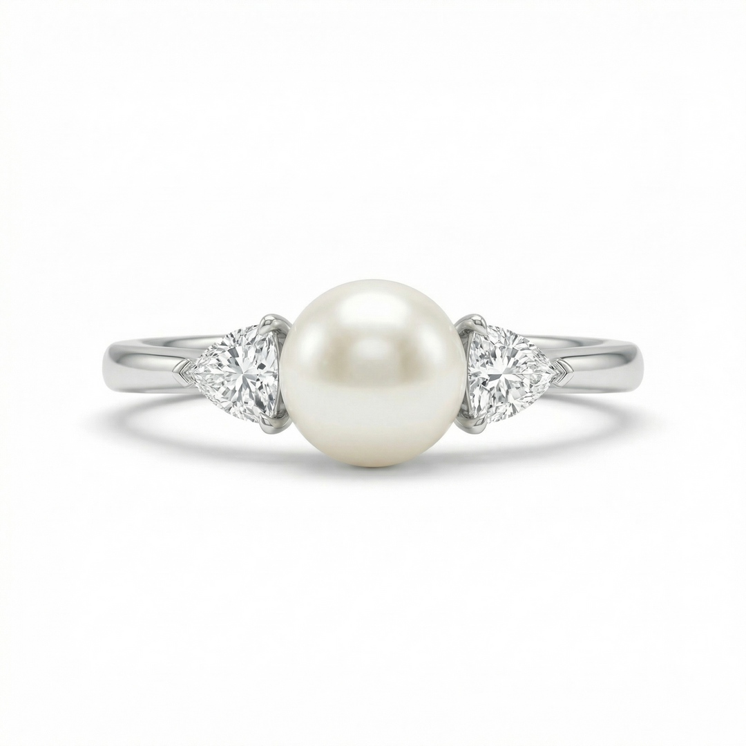 Akoya pearl and trillion diamond platinum ring — M Grace Jewelry