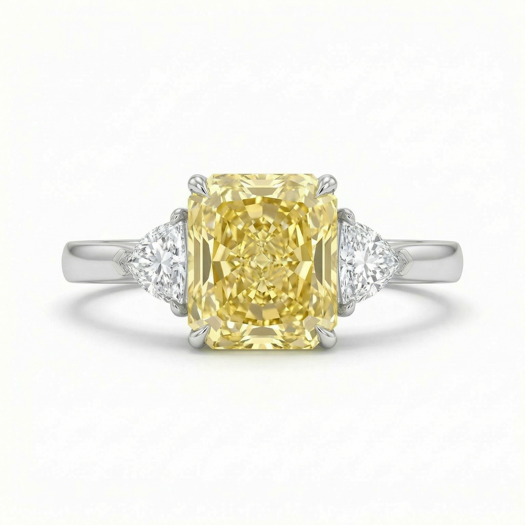 Fancy Intense Yellow radiant-cut lab diamond ring with trillion sides, M Grace Jewelry