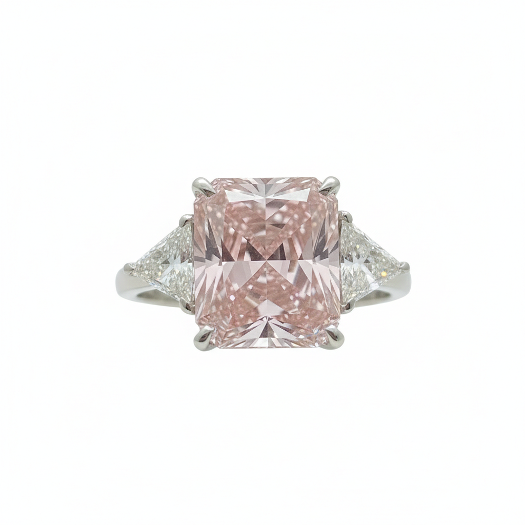 Fancy Intense Pink radiant and trillion diamond ring — M Grace Jewelry