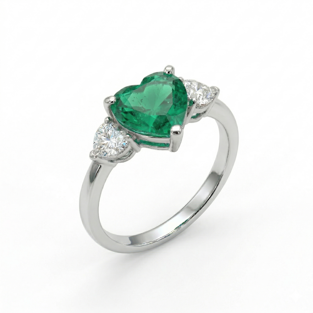 Triple heart emerald and diamond platinum ring by M Grace Jewelry