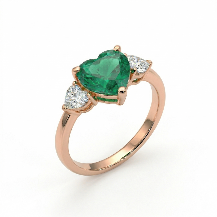Triple heart emerald and diamond rose gold ring by M Grace Jewelry