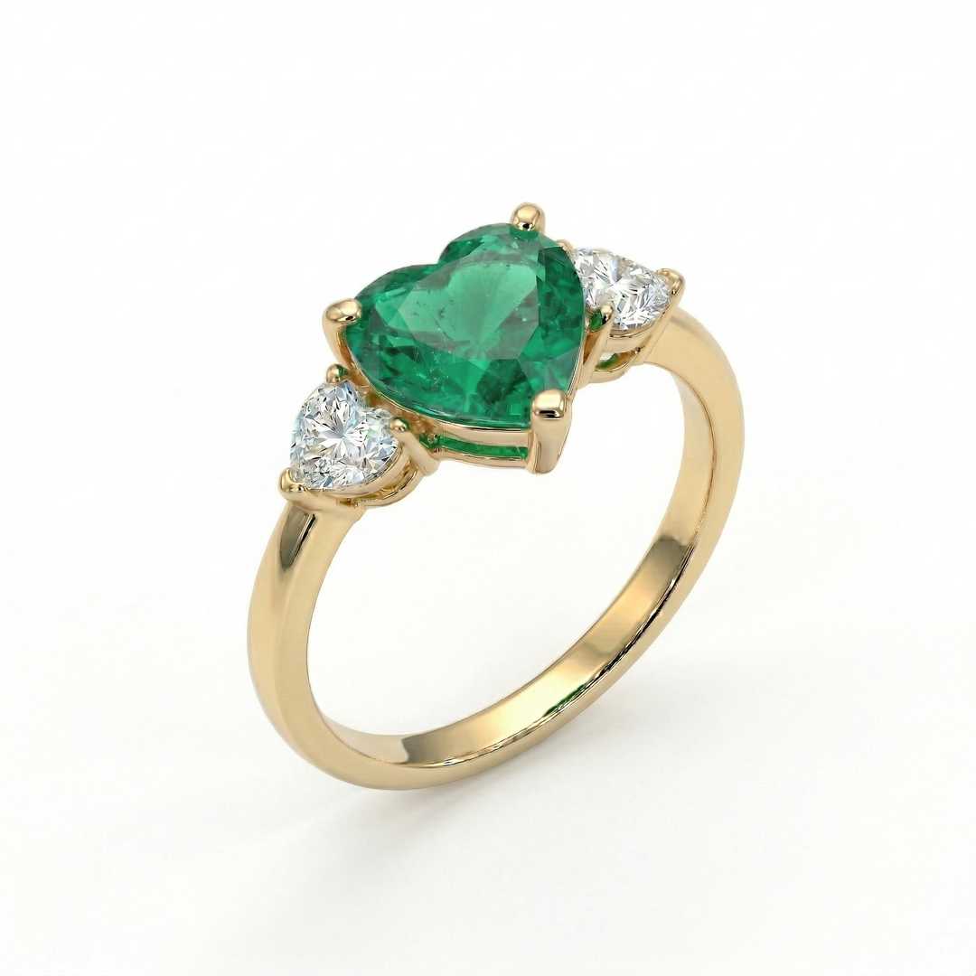 Triple heart emerald and diamond yellow gold ring by M Grace Jewelry