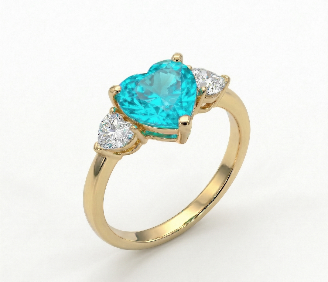 Yellow gold triple heart Paraiba tourmaline and diamond ring — M Grace Jewelry