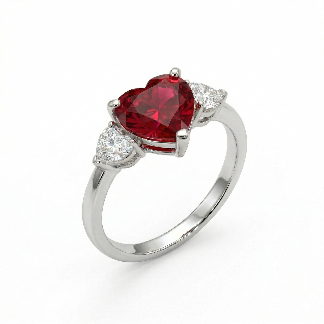 Triple heart ruby ring with diamond accents, M Grace Jewelry