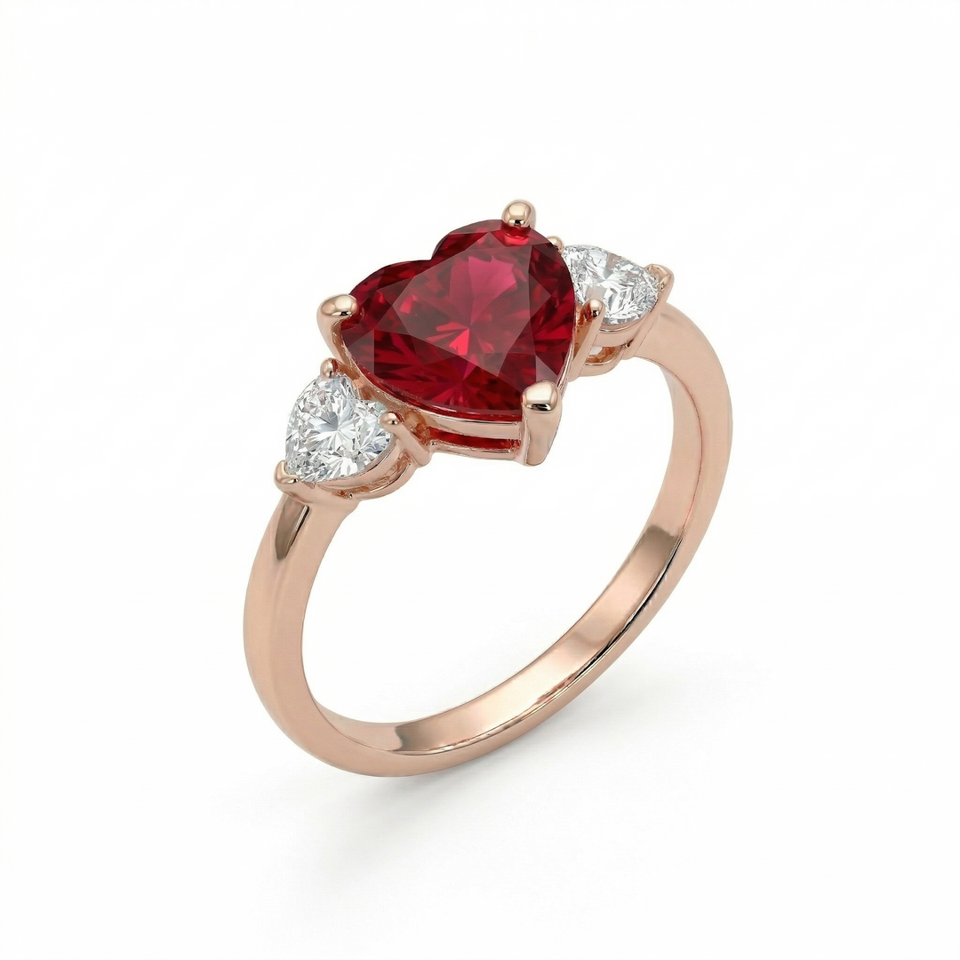 Triple heart ruby ring with diamond accents, M Grace Jewelry