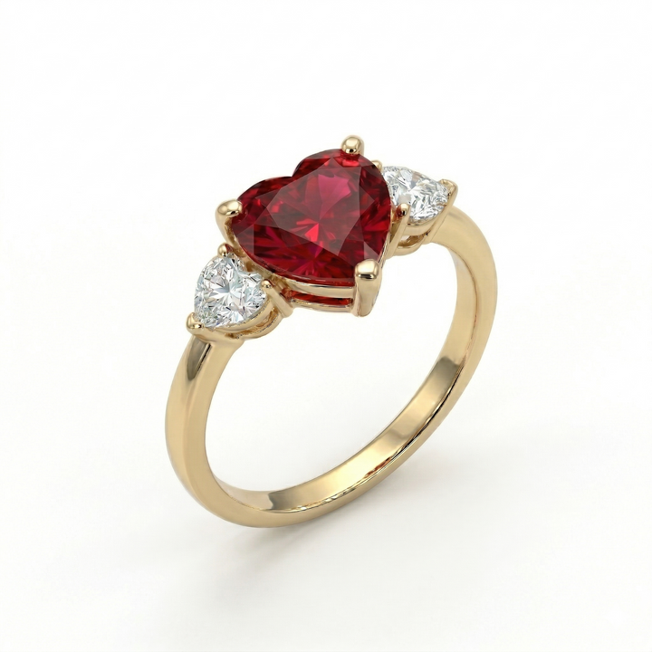 Triple heart ruby ring with diamond accents, M Grace Jewelry