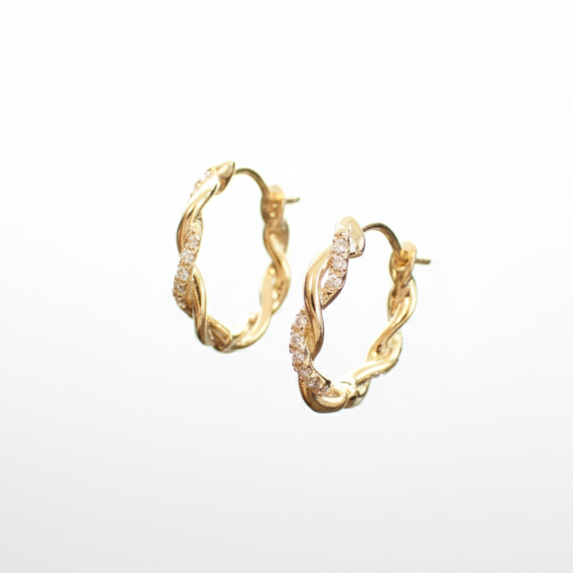 18K yellow gold twisted diamond hoop earrings by M Grace Jewelry