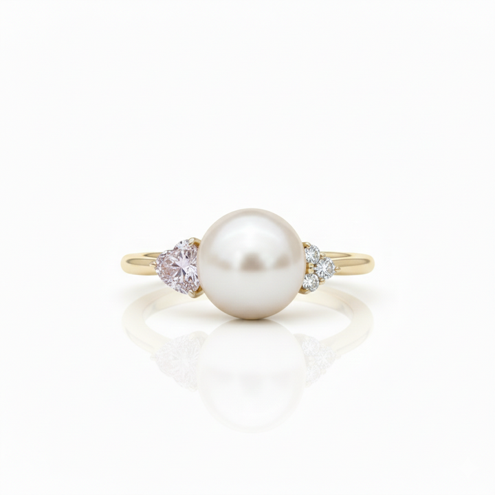 Yellow Gold Akoya pearl and heart diamond ring — M Grace Jewelry MG062