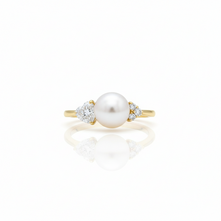 Yellow Gold Akoya pearl and heart diamond ring — M Grace Jewelry MG062