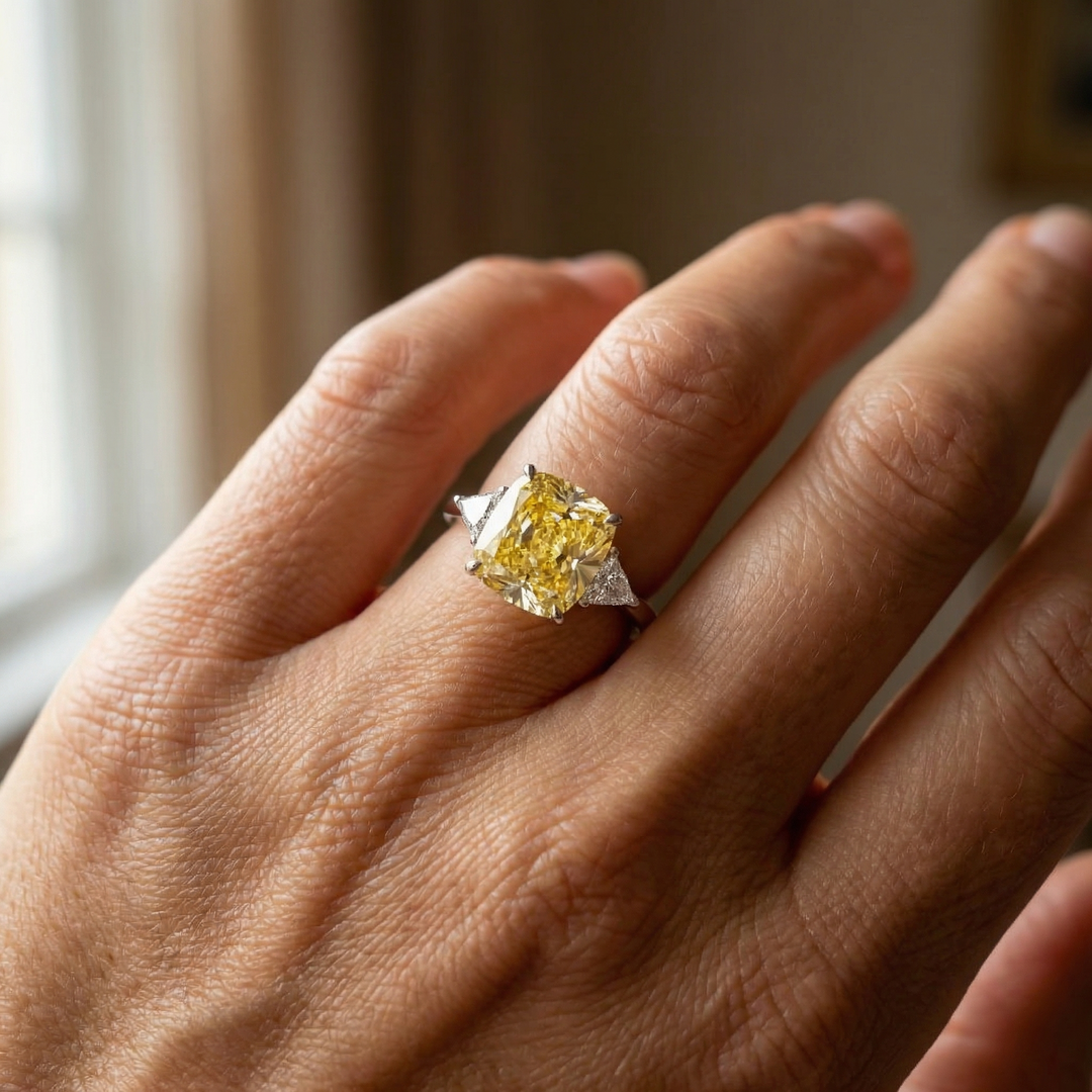 Fancy Intense Yellow cushion diamond ring with white trillion sides — M Grace Jewelry