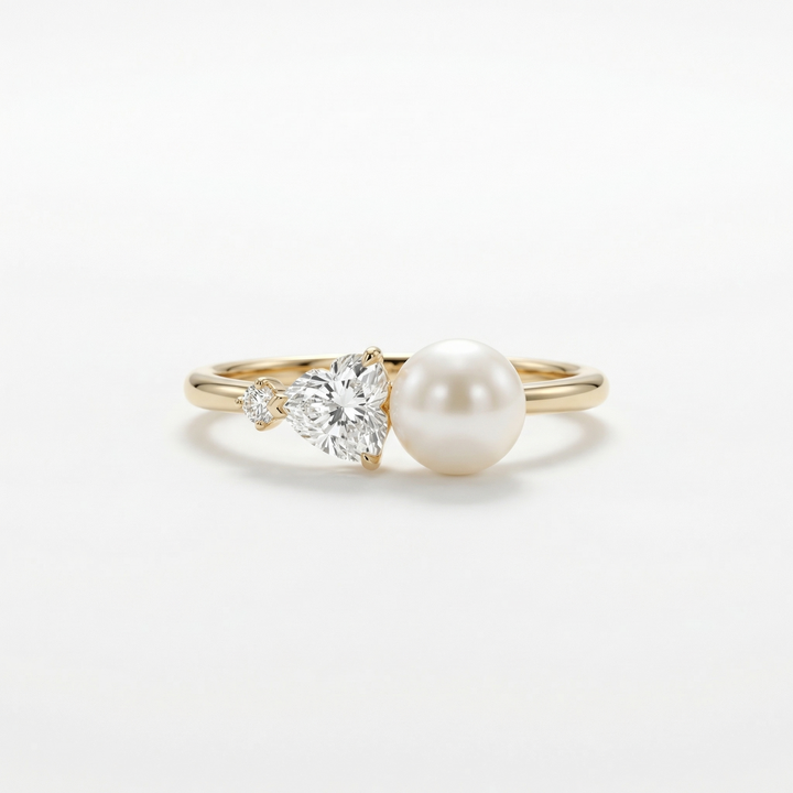 Eternal Embrace Pearl, Heart shape, Diamond Ring in 18K Yellow Gold | M Grace Jewelry
