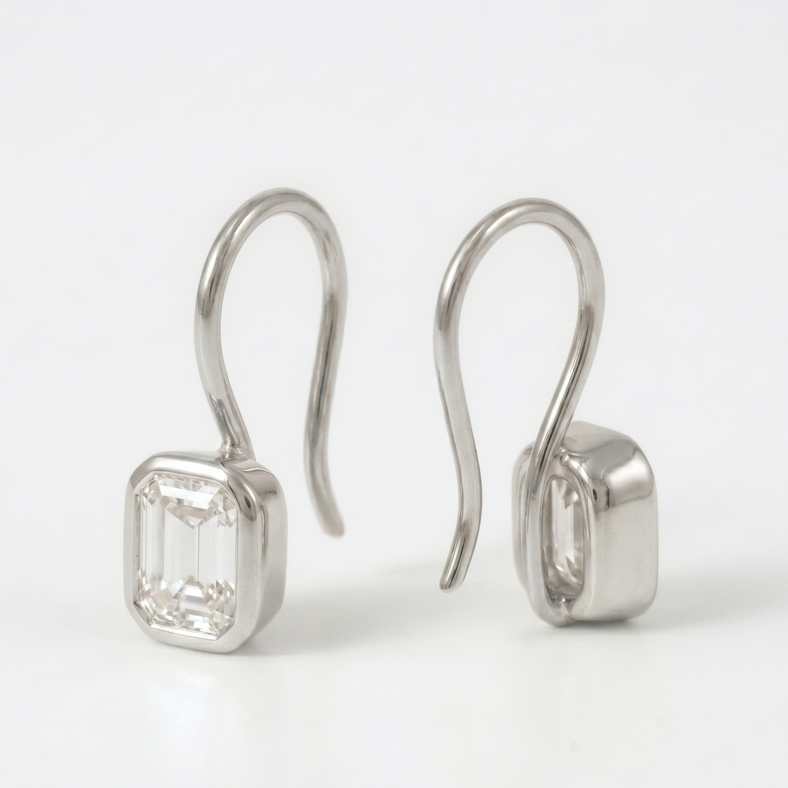 Emerald-Cut Bezel Hook Earrings in Platinum | M Grace Jewelry