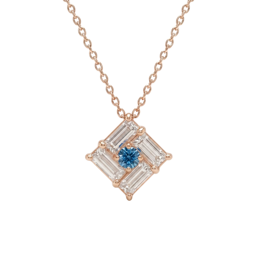 Tilted Monarch Frame Blue-Diamond Necklace in 18K Rose Gold | M Grace Jewelry