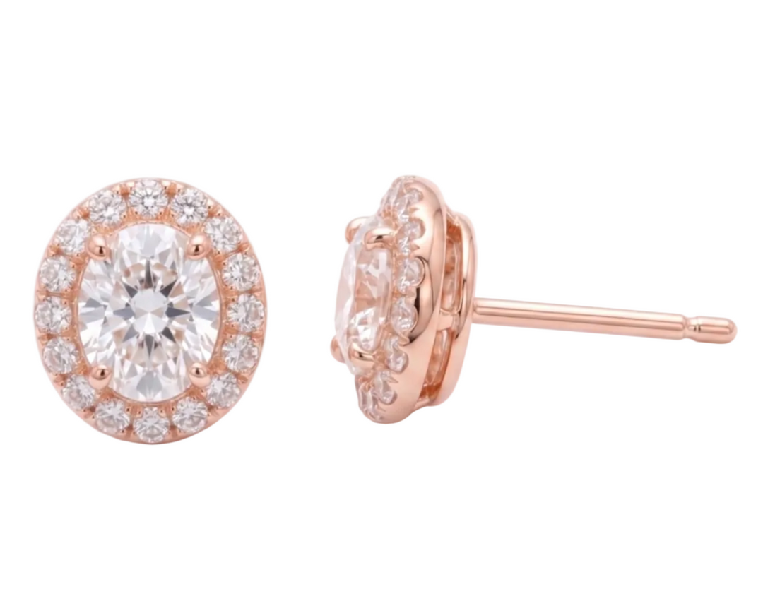 Classic Oval Halo Stud Earrings in 18K Rose Gold | M Grace Jewelry