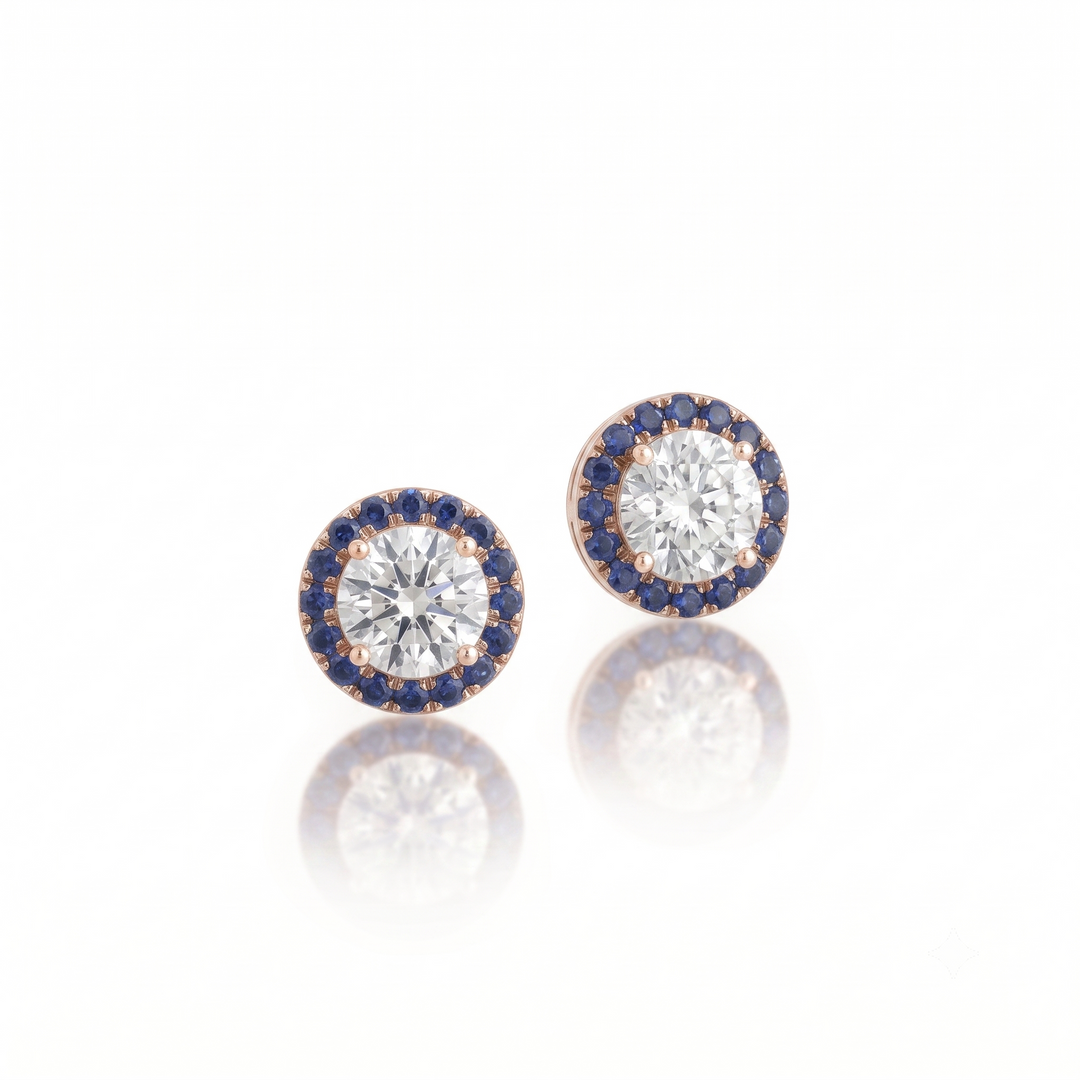 Aura Diamond-Sapphire Studs in 18K Rose Gold | M Grace Jewelry