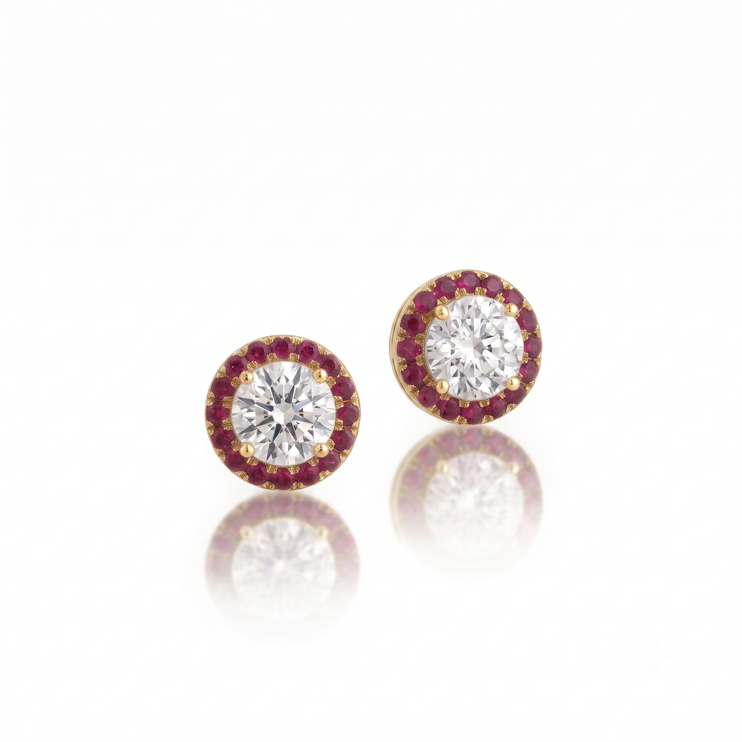 Aura Diamond-Ruby Studs : The Aura Collection in 18K Yellow Gold | M Grace Jewelry