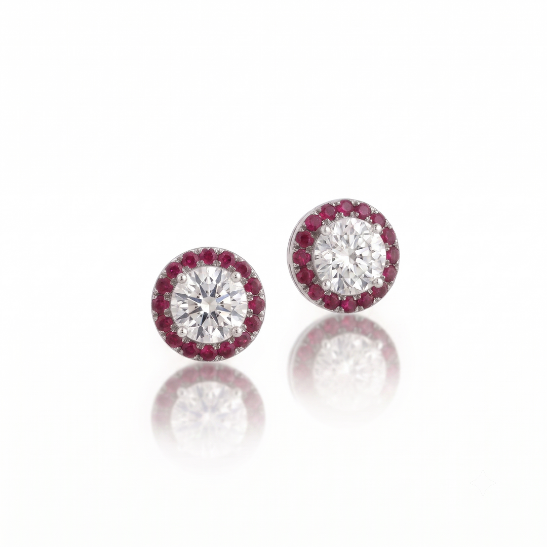 Aura Diamond-Ruby Studs : The Aura Collection in Platinum | M Grace Jewelry