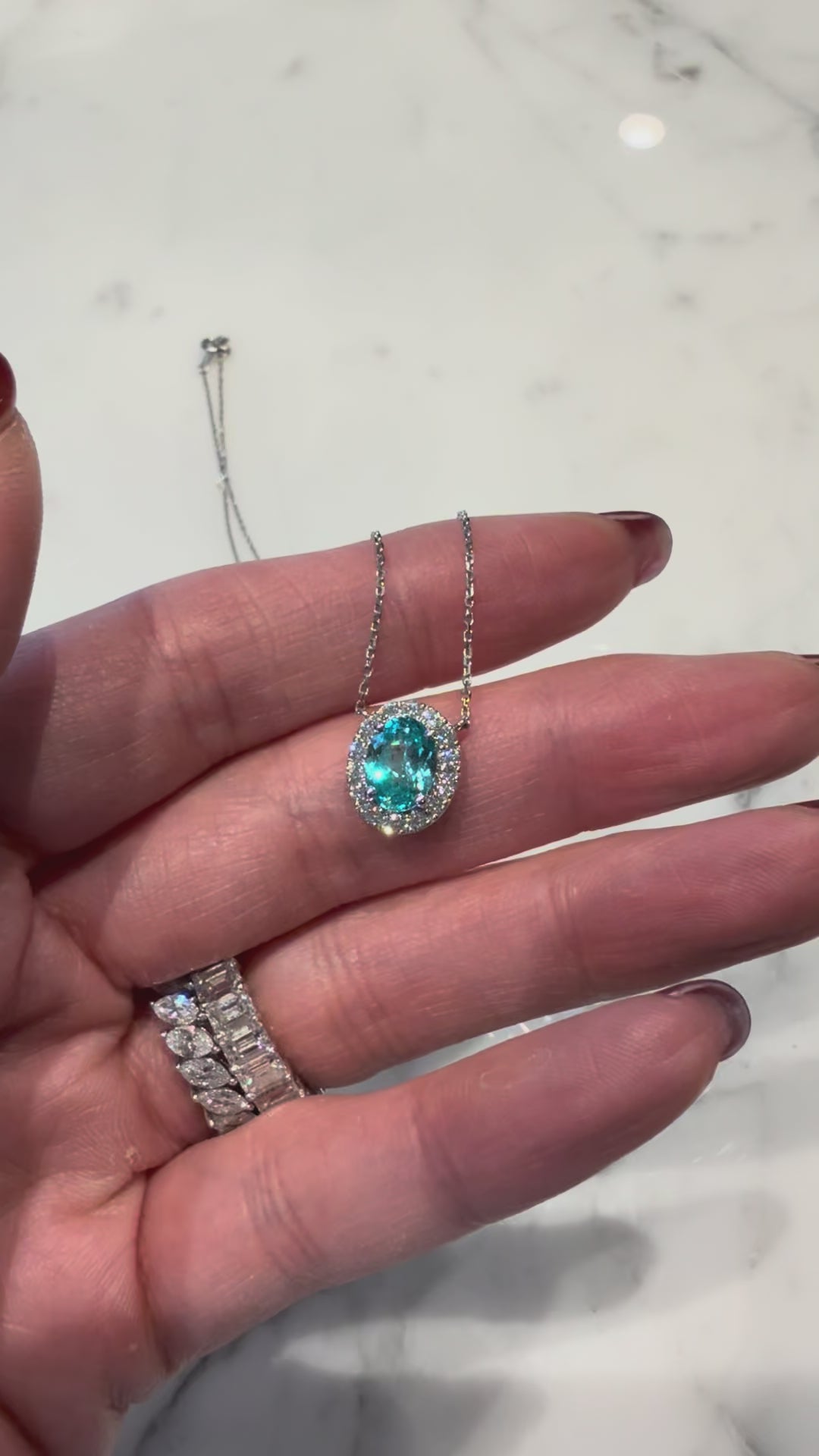 Platinum lab Paraiba tourmaline diamond halo pendant necklace — M Grace Jewelry
